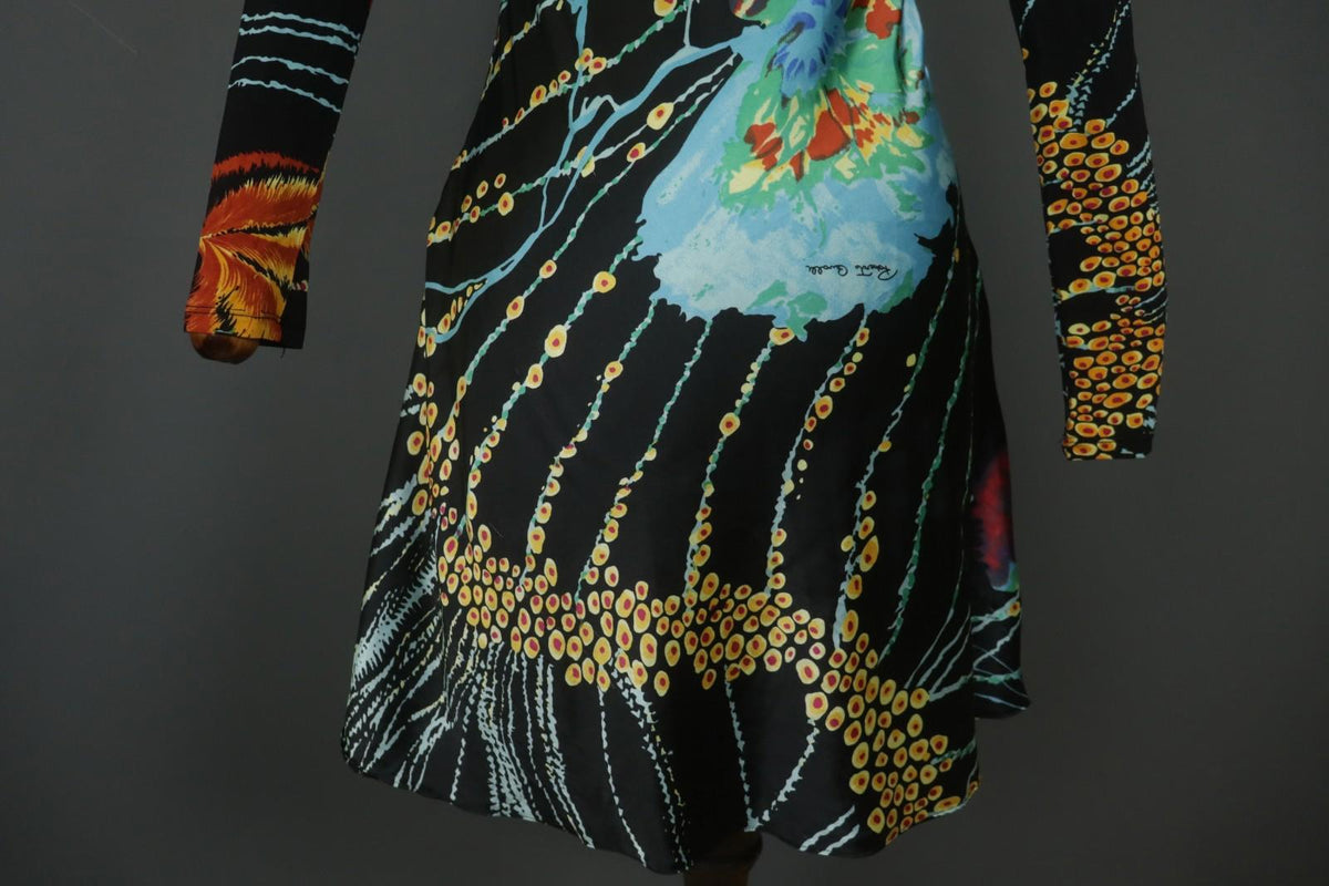 ROBERTO CAVALLI Multicolor Geometric Long Sleeve V-Neck Midi Shift Dress – Size L
