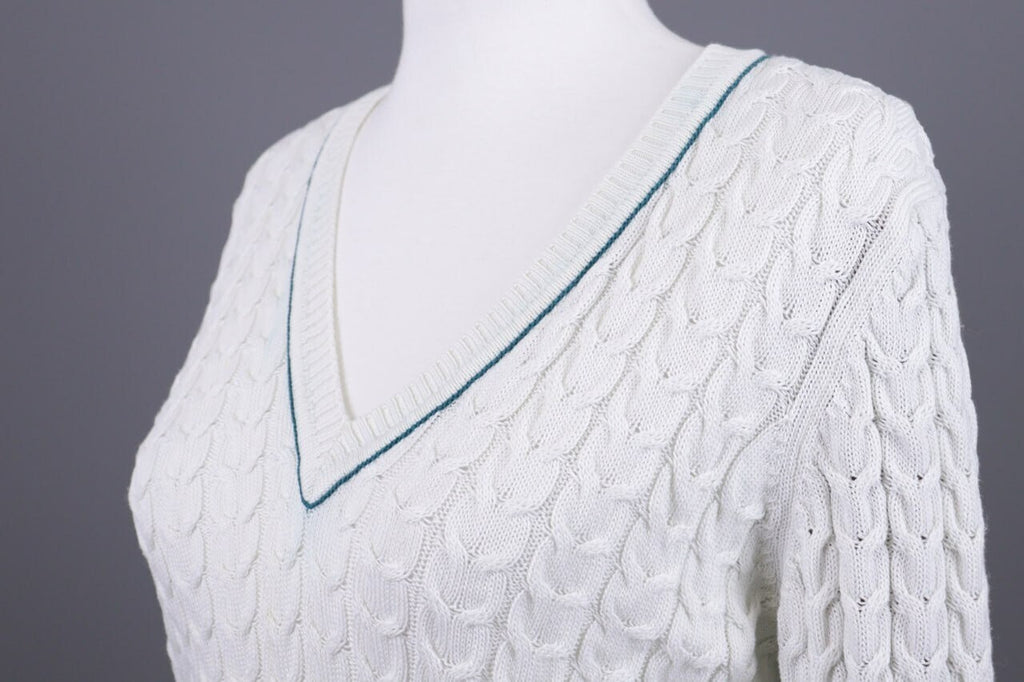 Burberry London White Striped Knit V-Neck Sweater – Size 40