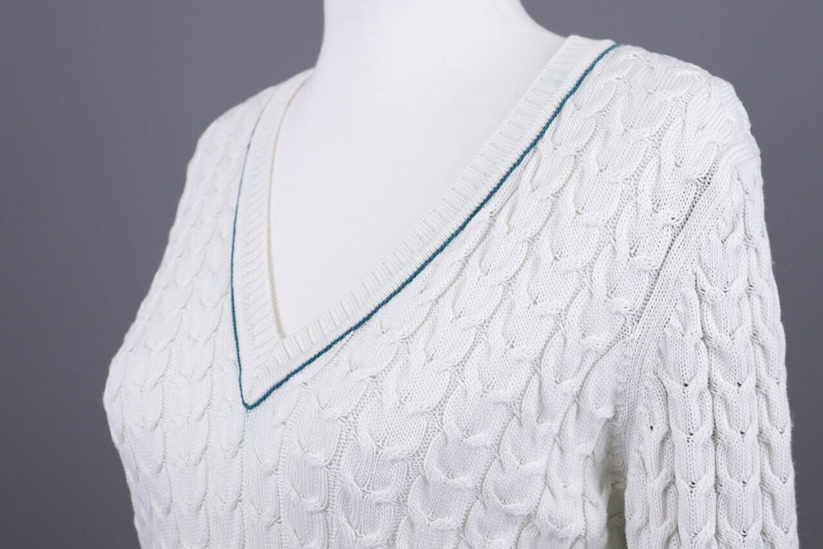 Burberry London White Striped Knit V-Neck Sweater – Size 40