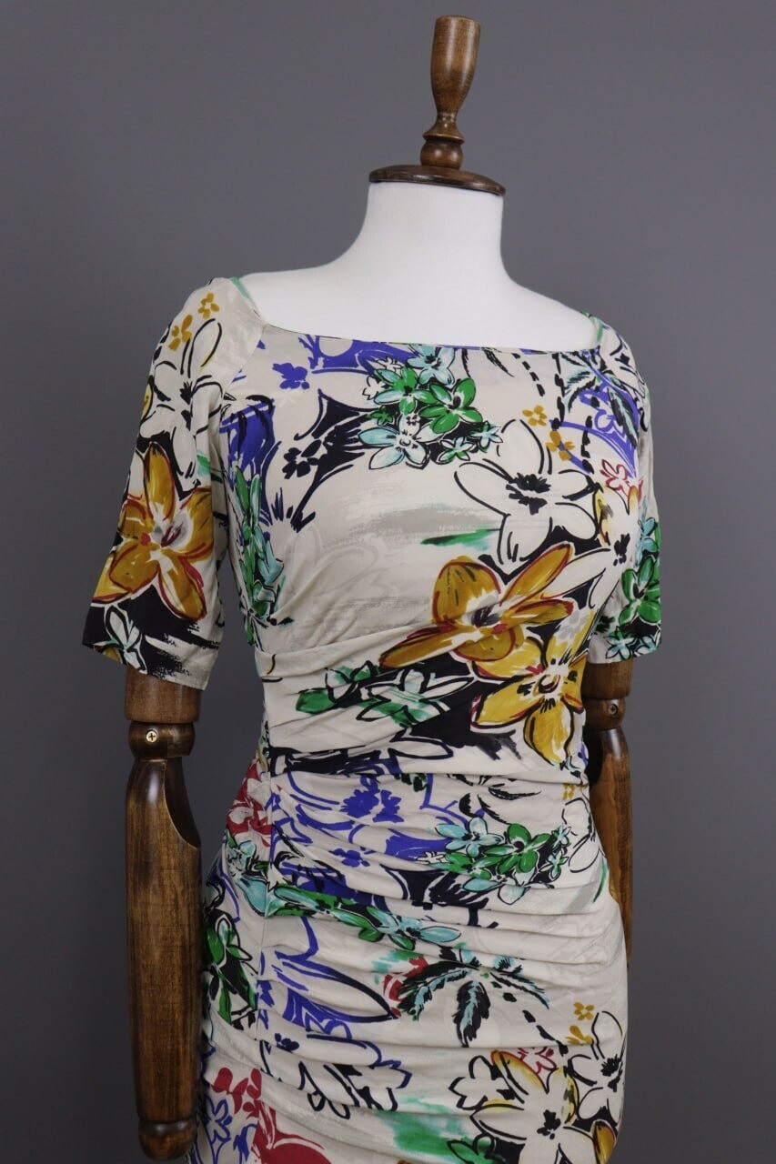 Etro Milano White Floral Silk Short Sleeve Summer Bodycon Dress – Size 42 / M