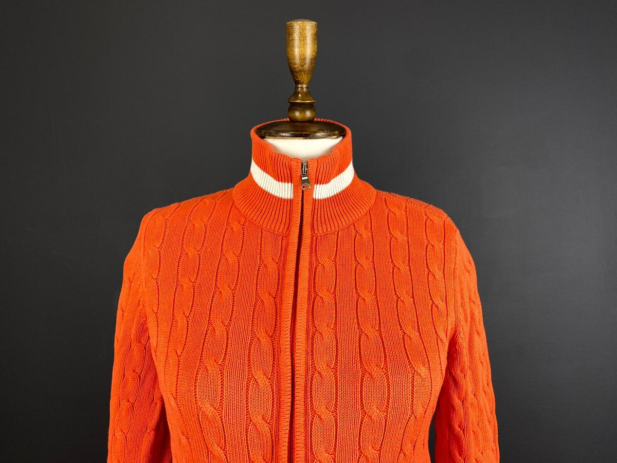 Lauren Active Ralph Lauren Orange Zip Cable Knit Sweater Track Jacket – Size S