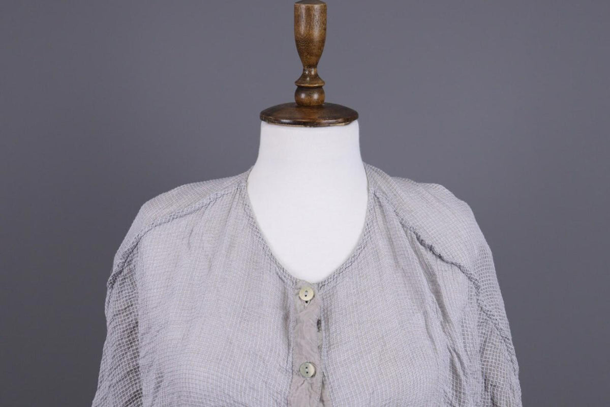 GRIZAS Gray Check Silk Lagenlook Long Sleeve Top Blouse Shirt – Size M