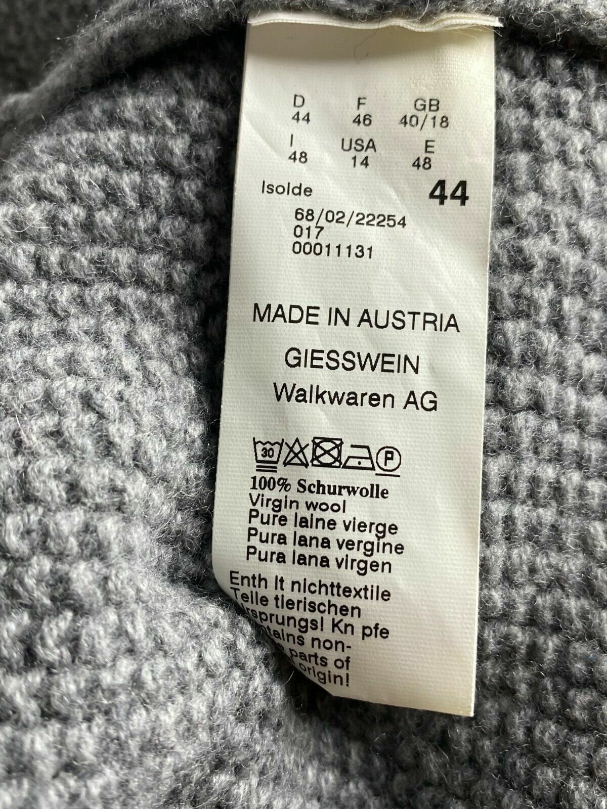 Giesswein Austria Grey Wool Knit Cardigan Jacket – Women's 44 / GB 30 / USA 14