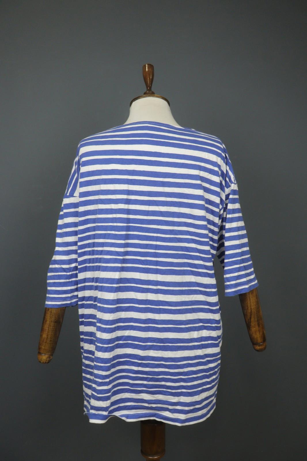 MARIMEKKO Blue White Striped 100% Cotton Round Neck 3/4 Sleeve Tunic Dress Sz L