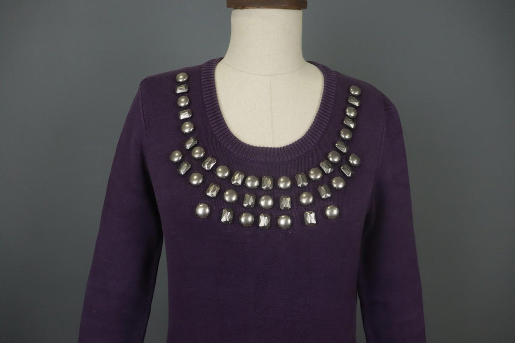 BURBERRY BRIT Purple Cotton Tight Knit Beaded Front Long Sleeve Sweater – Size S