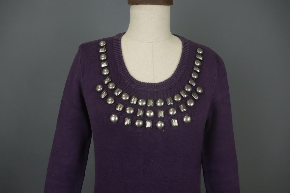 BURBERRY BRIT Purple Cotton Tight Knit Beaded Front Long Sleeve Sweater – Size S