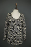 GUDRUN SJODEN Gray Black Leaf Print Round Neck Long Sleeve Pullover Blouse Top