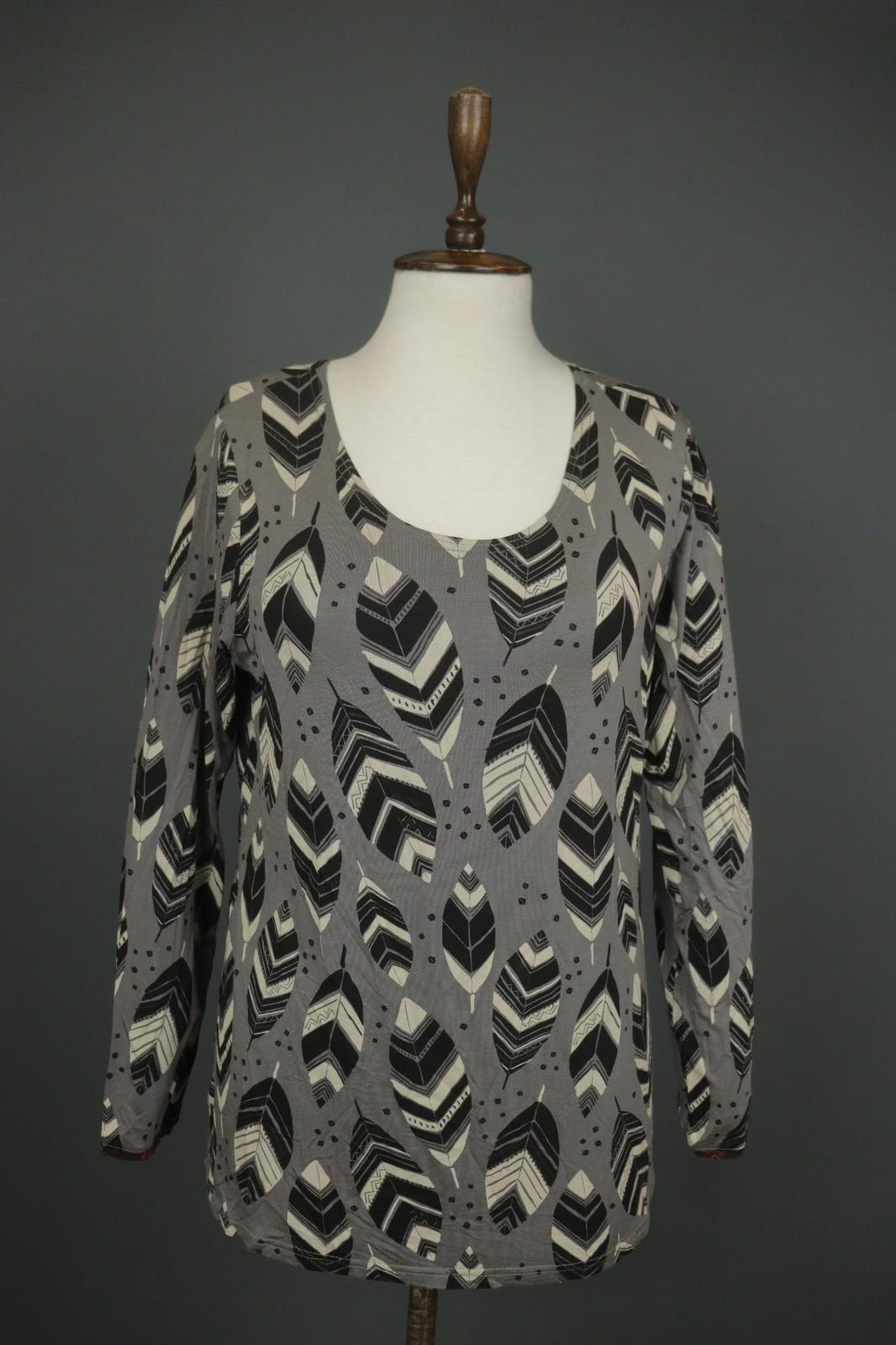 GUDRUN SJODEN Gray Black Leaf Print Round Neck Long Sleeve Pullover Blouse Top