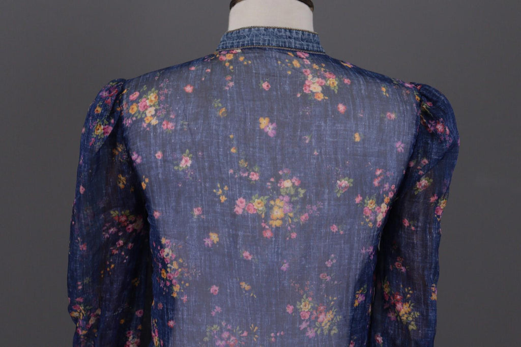 PHILOSOPHY Di Lorenzo Serafini Blue Floral Mesh Ruffle Long Sleeve A-Line Dress