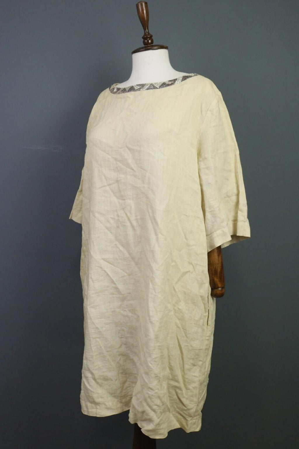 120% LINO Linen 3/4 Sleeve A-Line Lagenlook Blouson Long Dress – Size 48