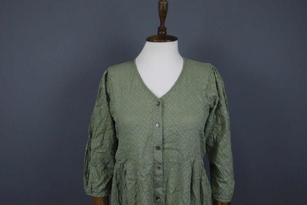 GUDRUN SJODEN Green 3/4 Sleeve Button Front Shirt Dress