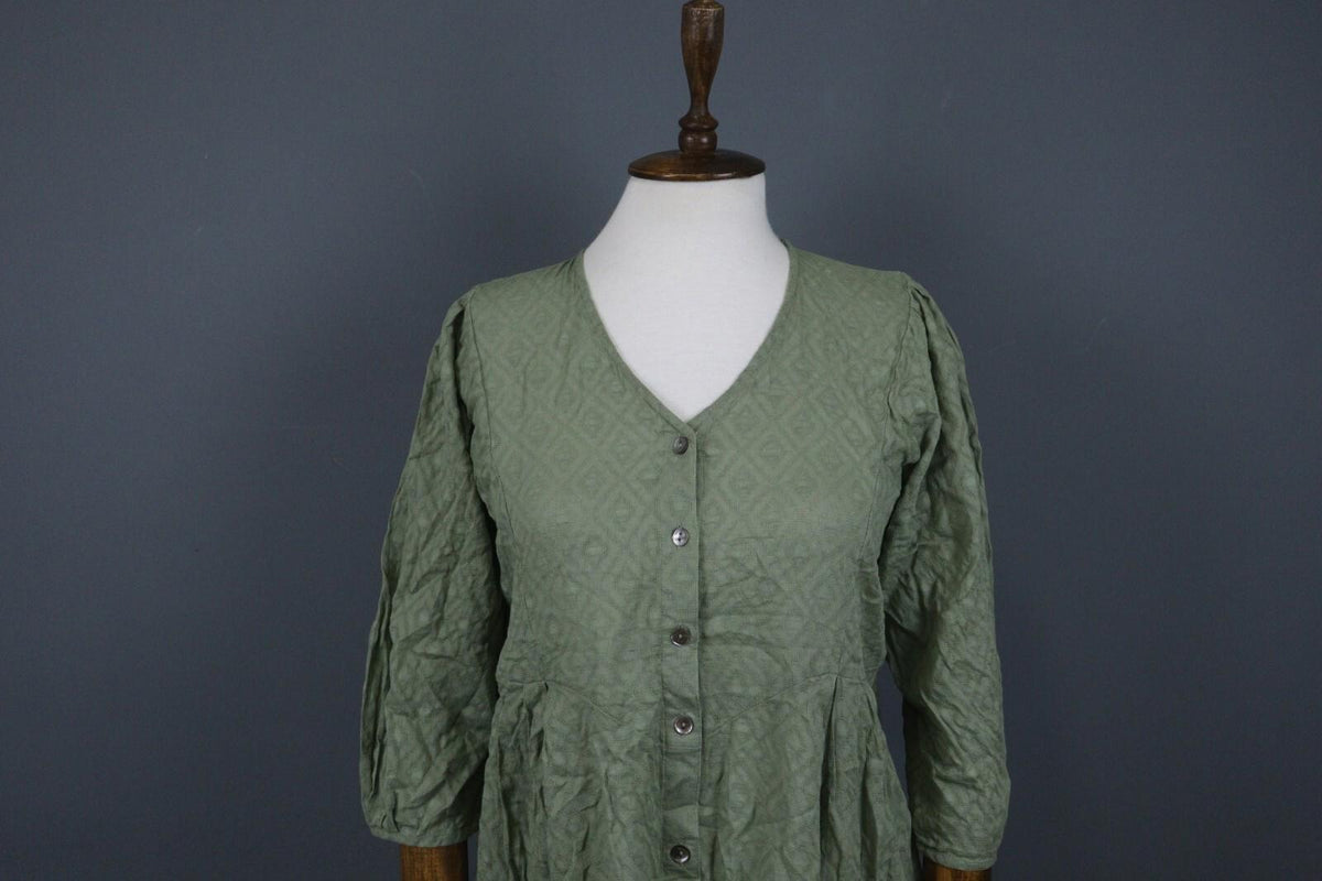 GUDRUN SJODEN Green 3/4 Sleeve Button Front Shirt Dress