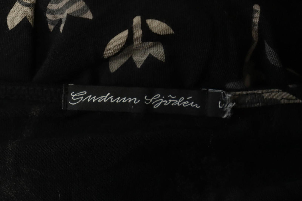 GUDRUN SJODEN Black Floral Long Sleeve Keyhole Neck Button Front Tunic Top Sz L