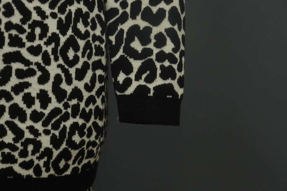 GIVENCHY Life Black White Leopard Print 100% Wool Long Sleeve Sweater Dress M/L