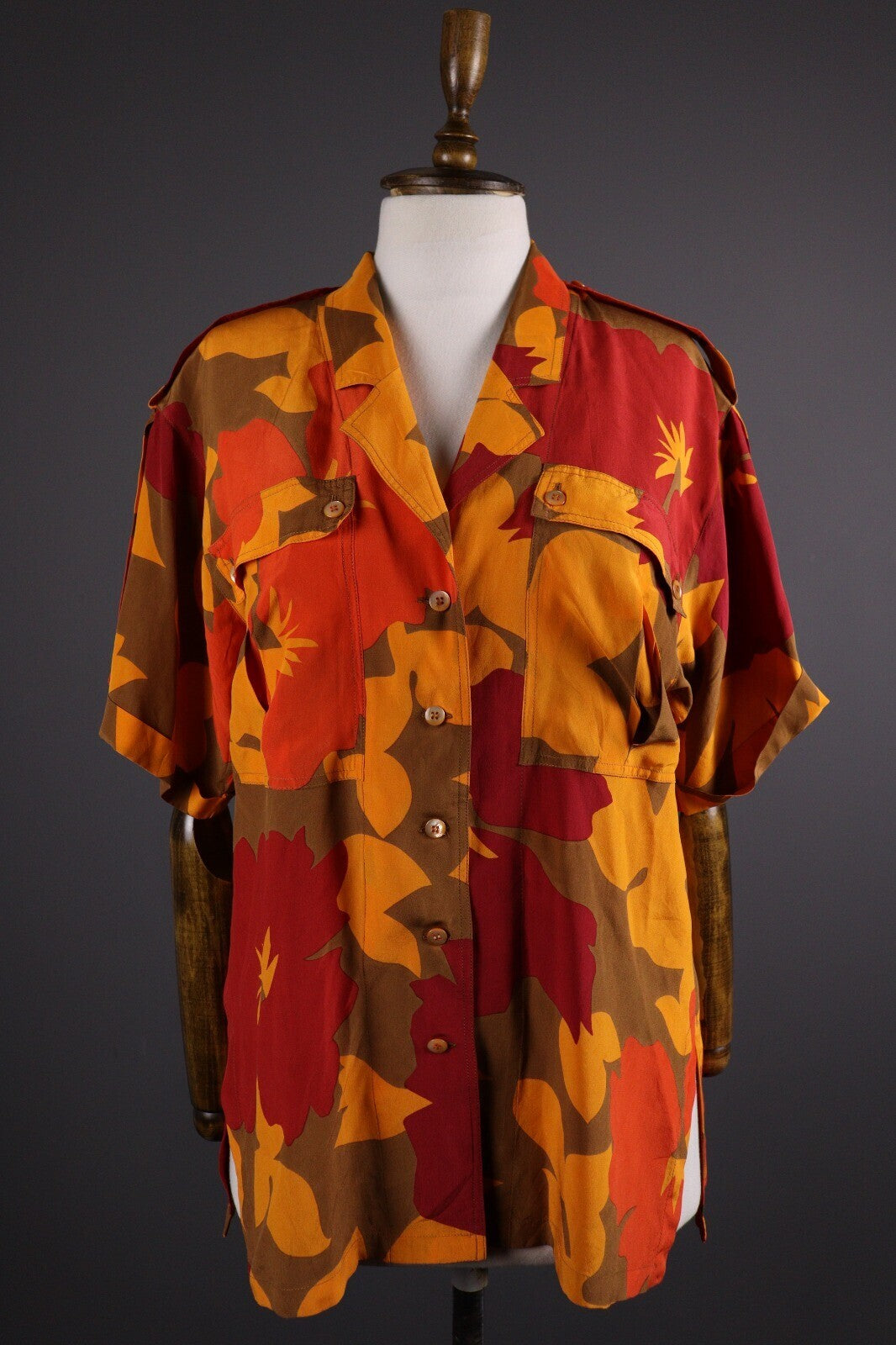 Escada Margaretha Ley Silk Floral Button Down Short Sleeve Blouse – Size 38