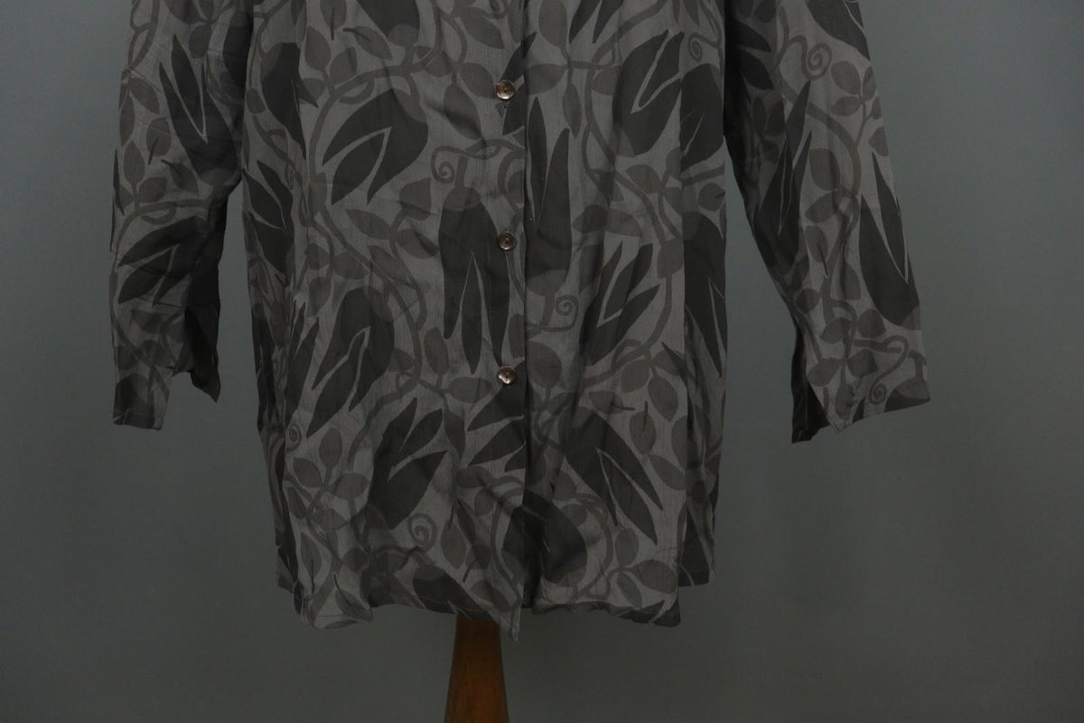 GUDRUN SJODEN Black Floral 100% Viscose Round Neck Button Front Shirt Dress Sz L