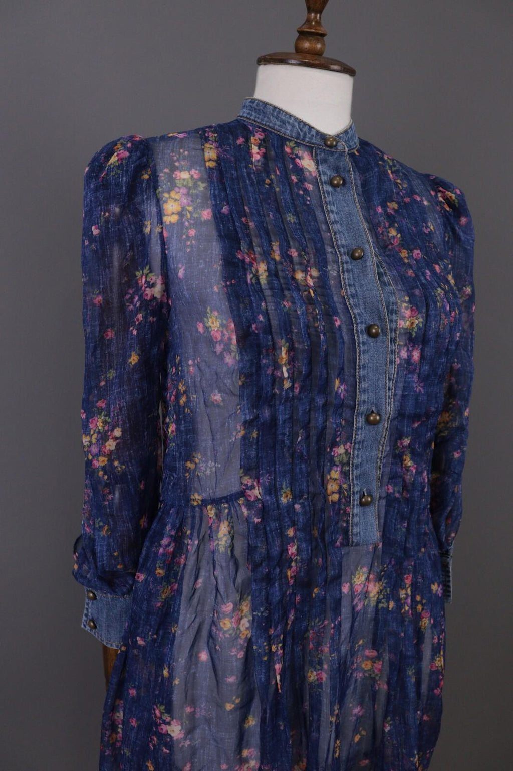PHILOSOPHY Di Lorenzo Serafini Blue Floral Mesh Ruffle Long Sleeve A-Line Dress