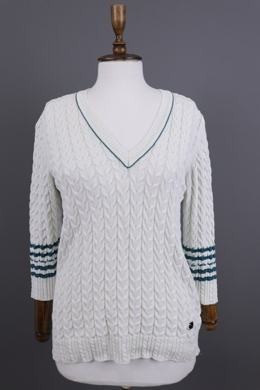 Burberry London White Striped Knit V-Neck Sweater – Size 40