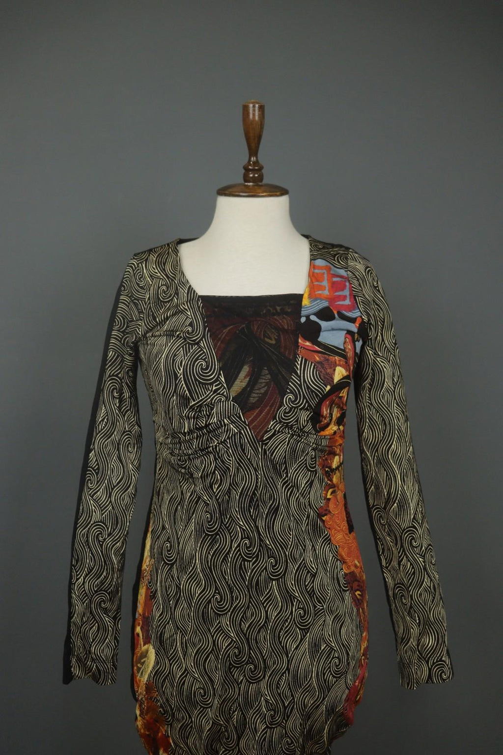 SAVE THE QUEEN Multi Vector Print Viscose Boho Long Sleeve Bodycon Dress – Size M
