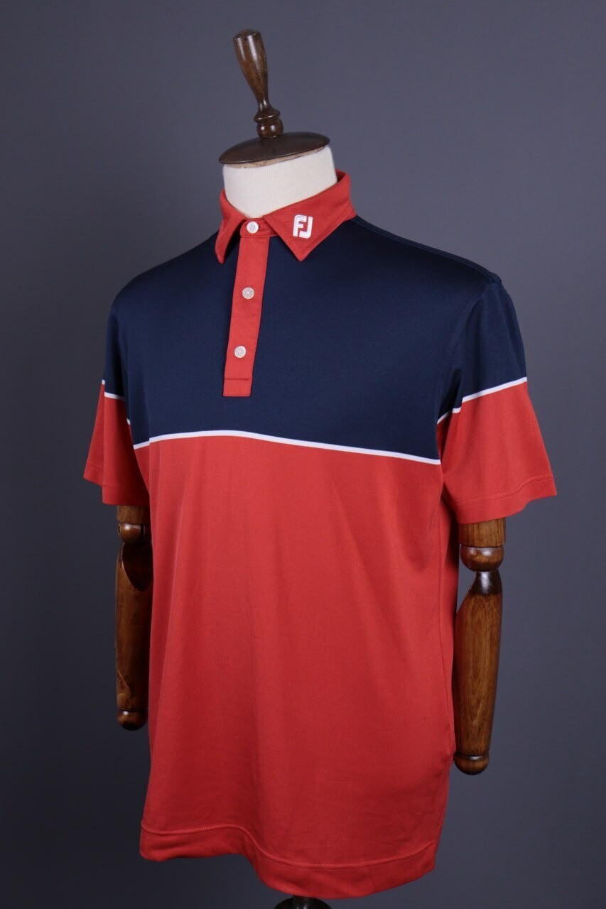 FJ FootJoy Athletic Fit Red Blue Tennis Short Sleeve Polo Shirt – Size L
