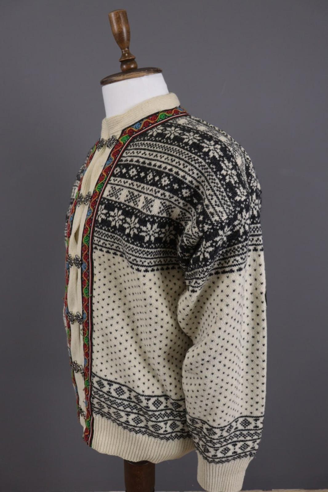 DALE OF NORWAY Beige Fair Isle Wool Knit Button Ski Cardigan Sweater S 48