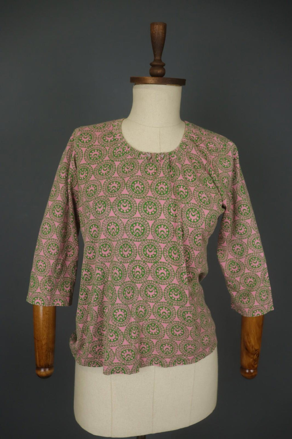 MARIMEKKO Pink Green Geometric Cotton Round Neck Long Sleeve Blouse Top – Size M