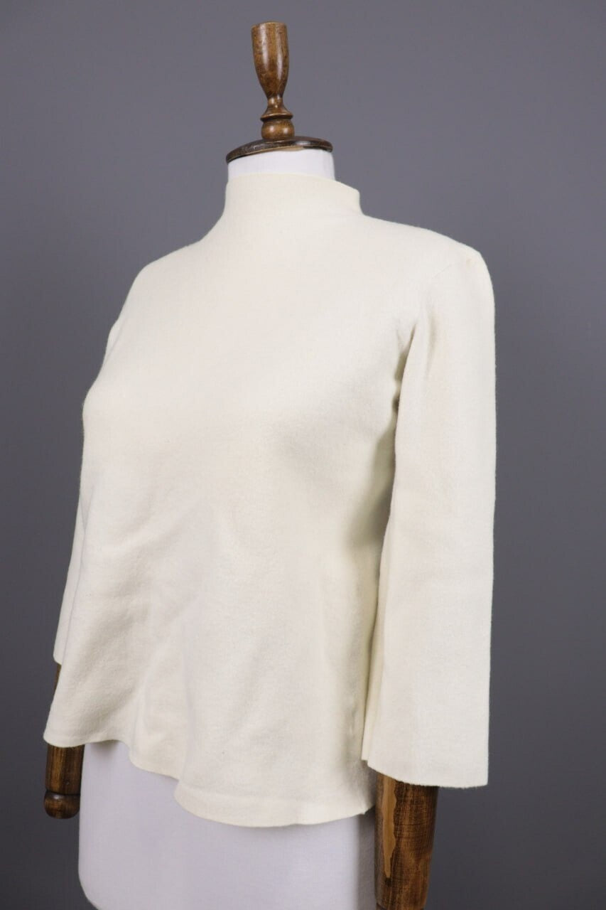 Adam Lippes Beige High Neck Merino 3/4 Sleeve Wool Knitted Sweater – Size L