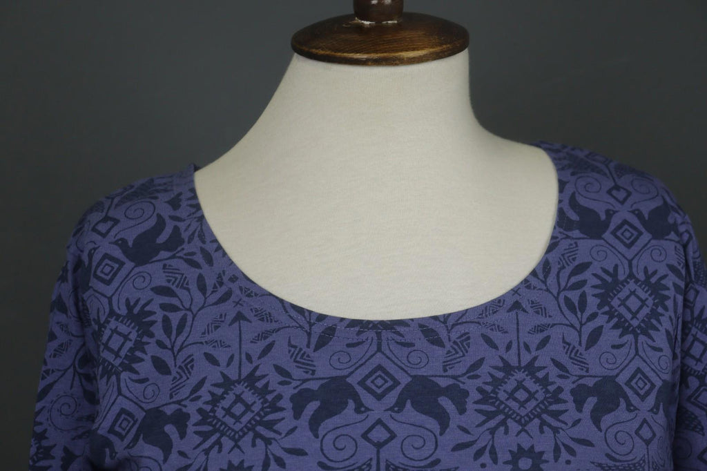 GUDRUN SJODEN Purple Palm Leaf Print Cotton Round Neck Pullover Blouse Top Sz M