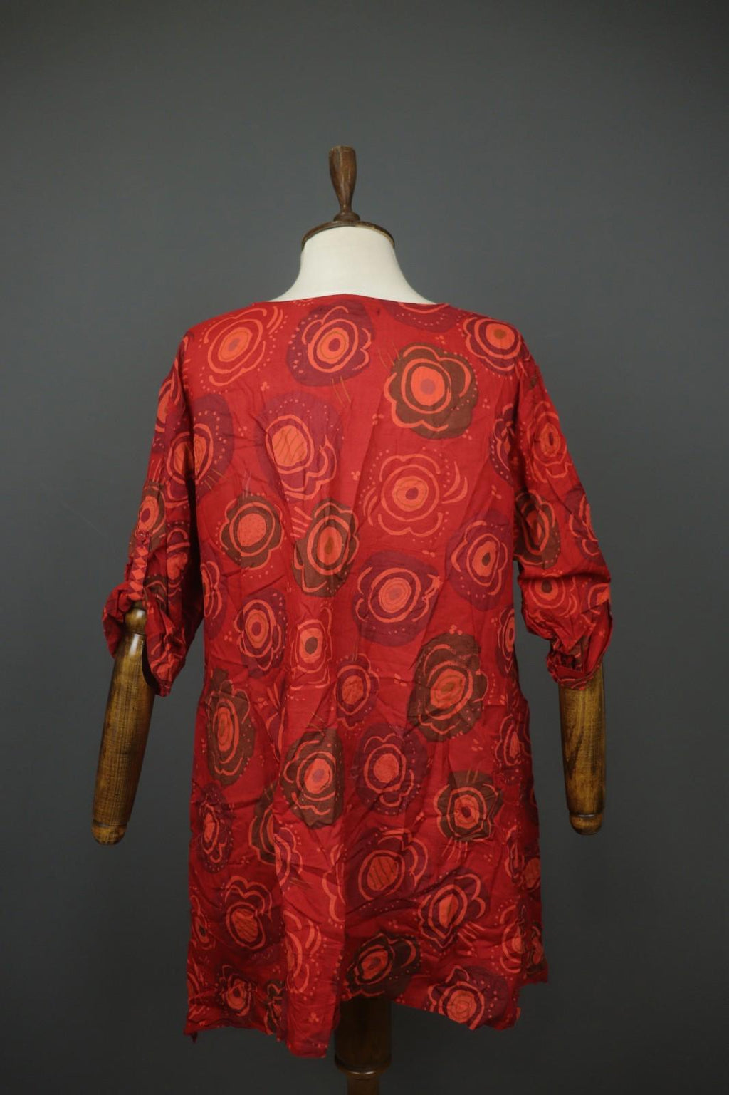 GUDRUN SJODEN Red Cotton Floral Roll Tab Sleeve Button Front Shirt Dress – Size L