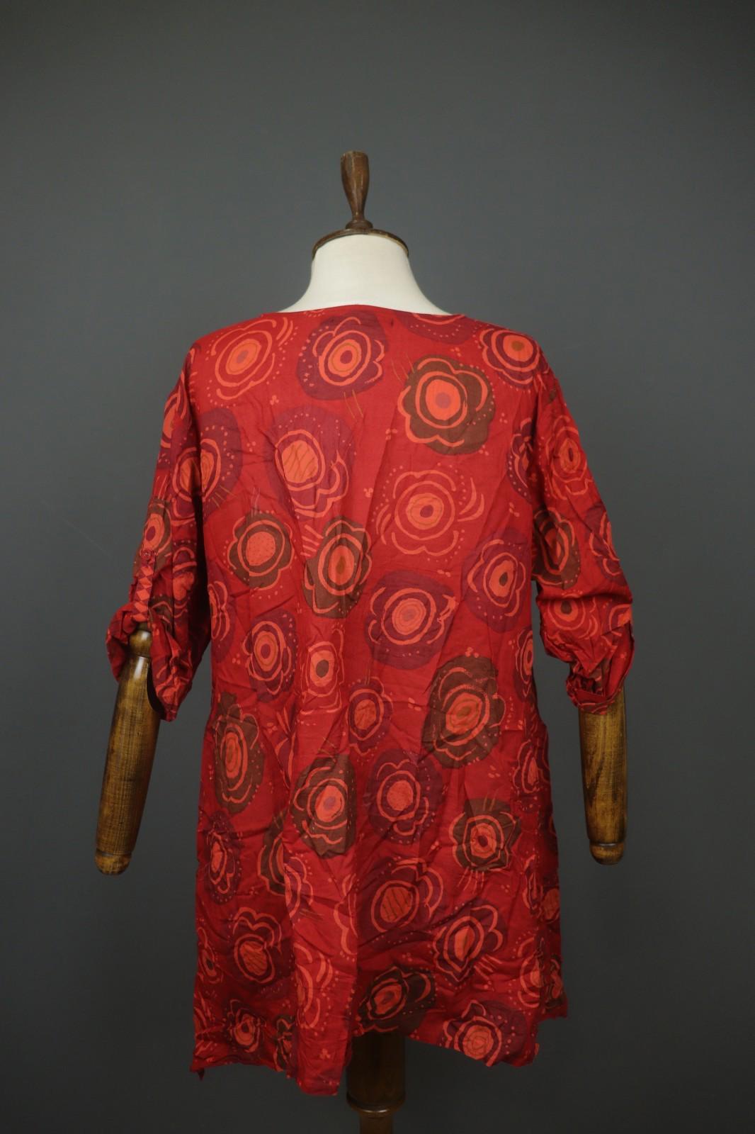 GUDRUN SJODEN Red Cotton Floral Roll Tab Sleeve Button Front Shirt Dress – Size L