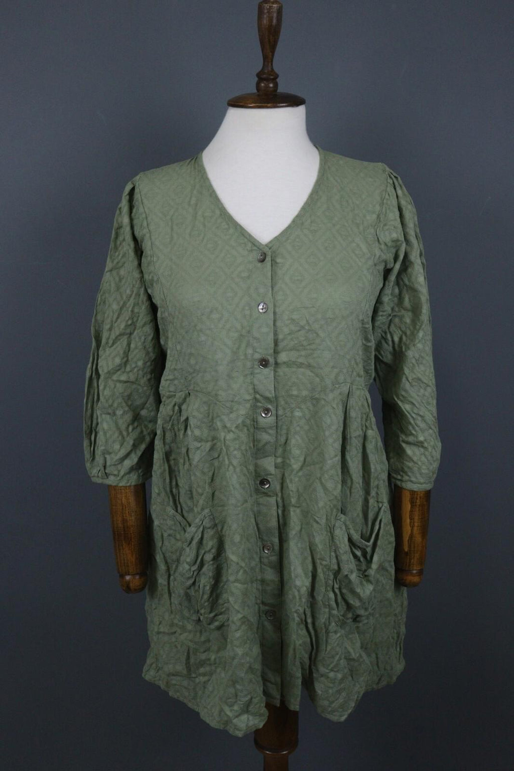 GUDRUN SJODEN Green 3/4 Sleeve Button Front Shirt Dress