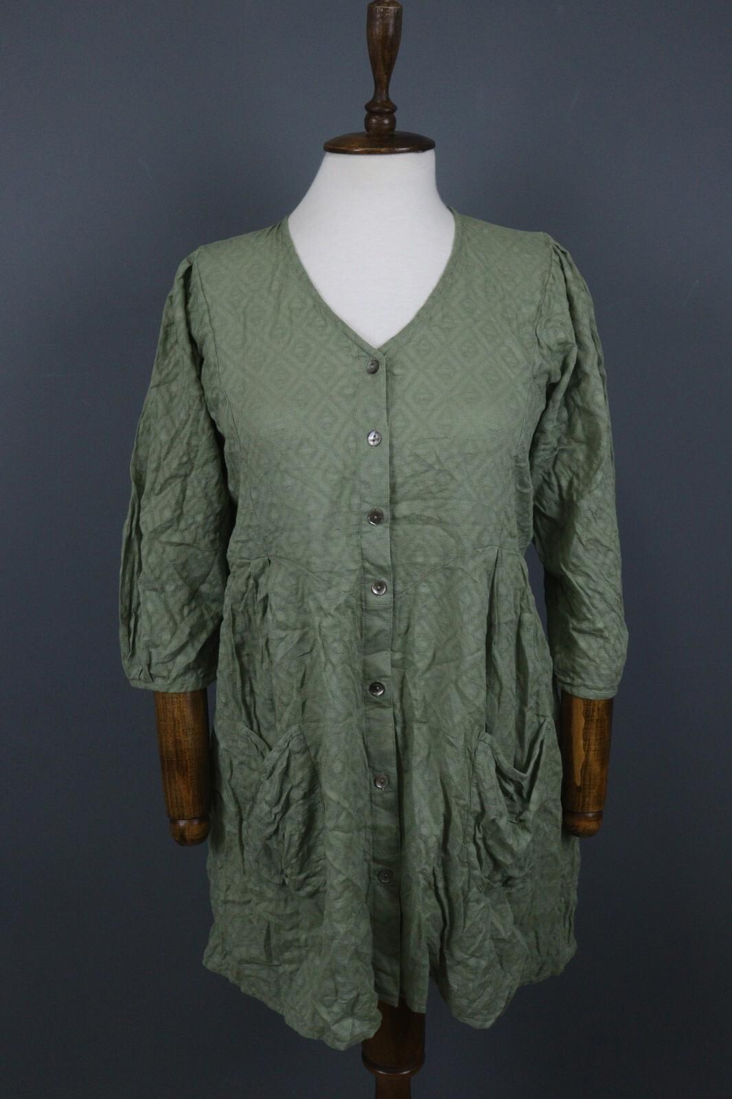 GUDRUN SJODEN Green 3/4 Sleeve Button Front Shirt Dress