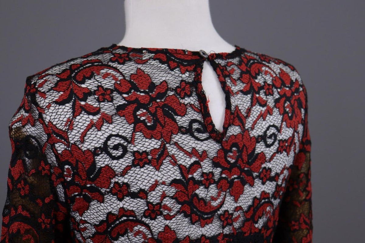 GANNI Red Floral Lace Embroidered Long Sleeve Bodycon Midi Dress – Size M