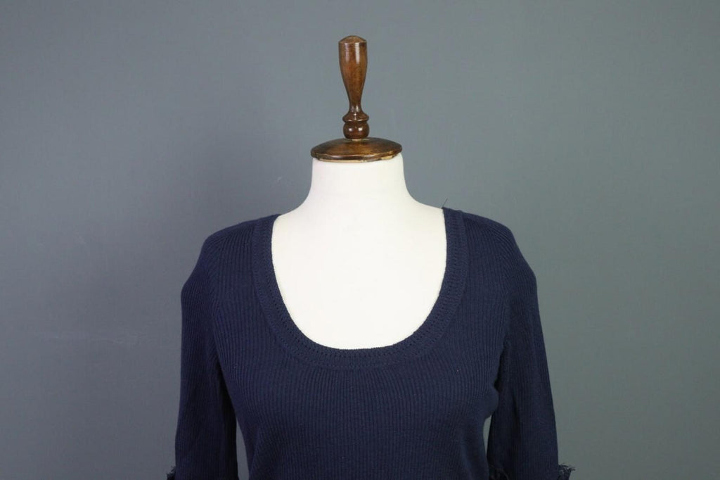 Oscan De La Renta Blue 3/4 Sleeve Ribbed Wool Cropped Sweater – Size L