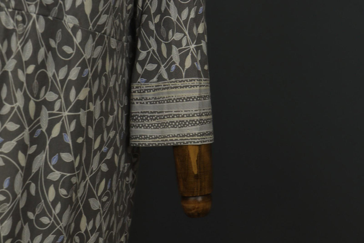 GUDRUN SJODEN Gray Leaf Print Cotton V-Neck Summer Pullover Maxi Dress – Size XL