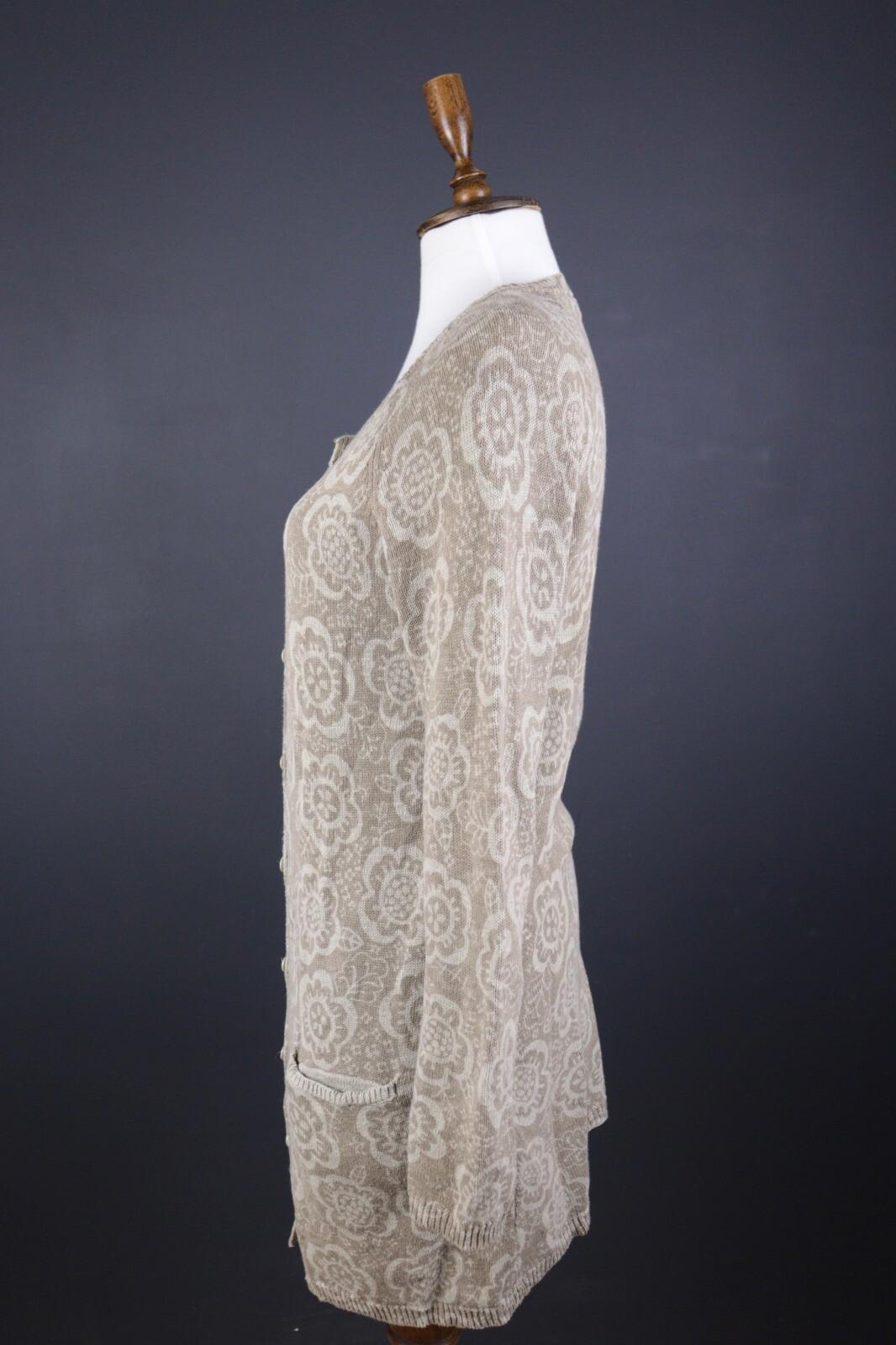 GUDRUN SJODEN Beige Floral Linen Knit Long Cardigan Sweater – Size S
