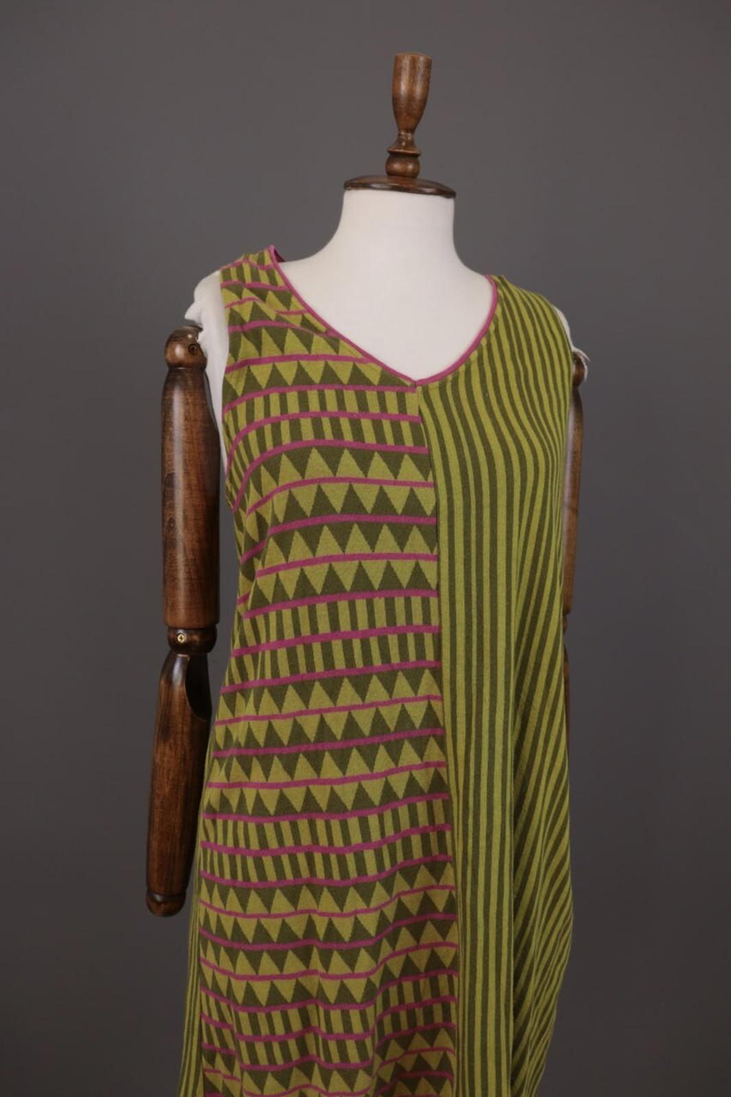 GUDRUN SJODEN Green Geometric Striped Sleevelss A-Line Short Dress – Size M