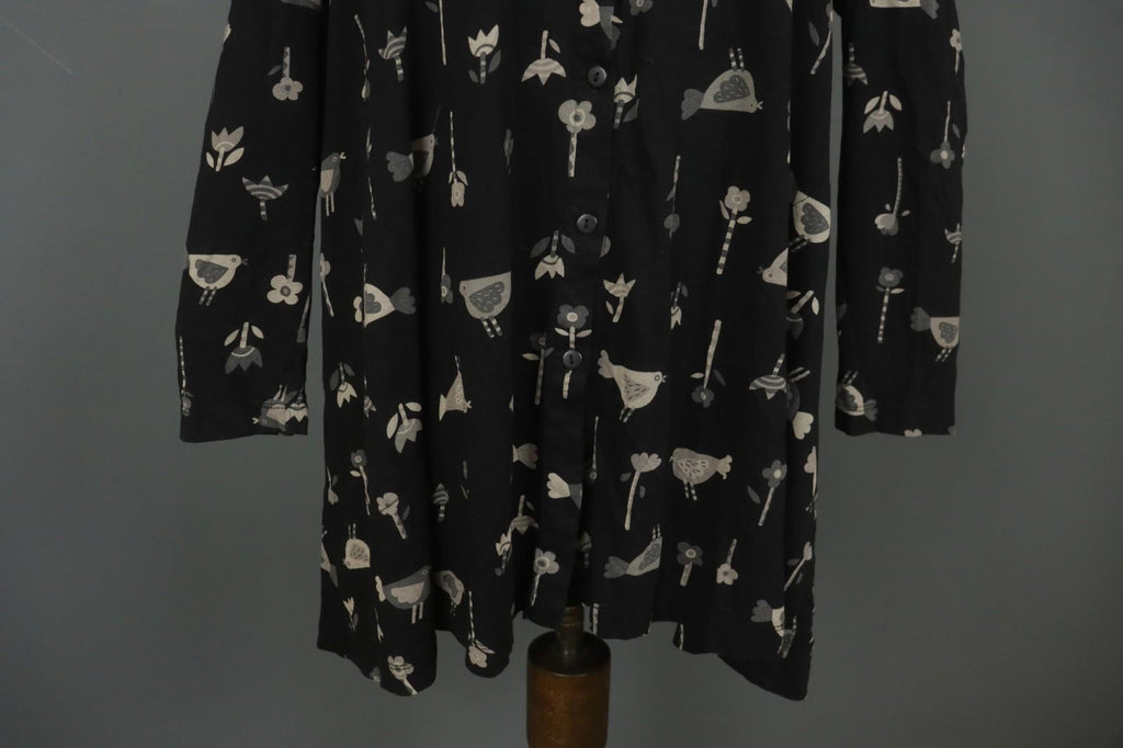 GUDRUN SJODEN Black Floral Long Sleeve Keyhole Neck Button Front Tunic Top Sz L