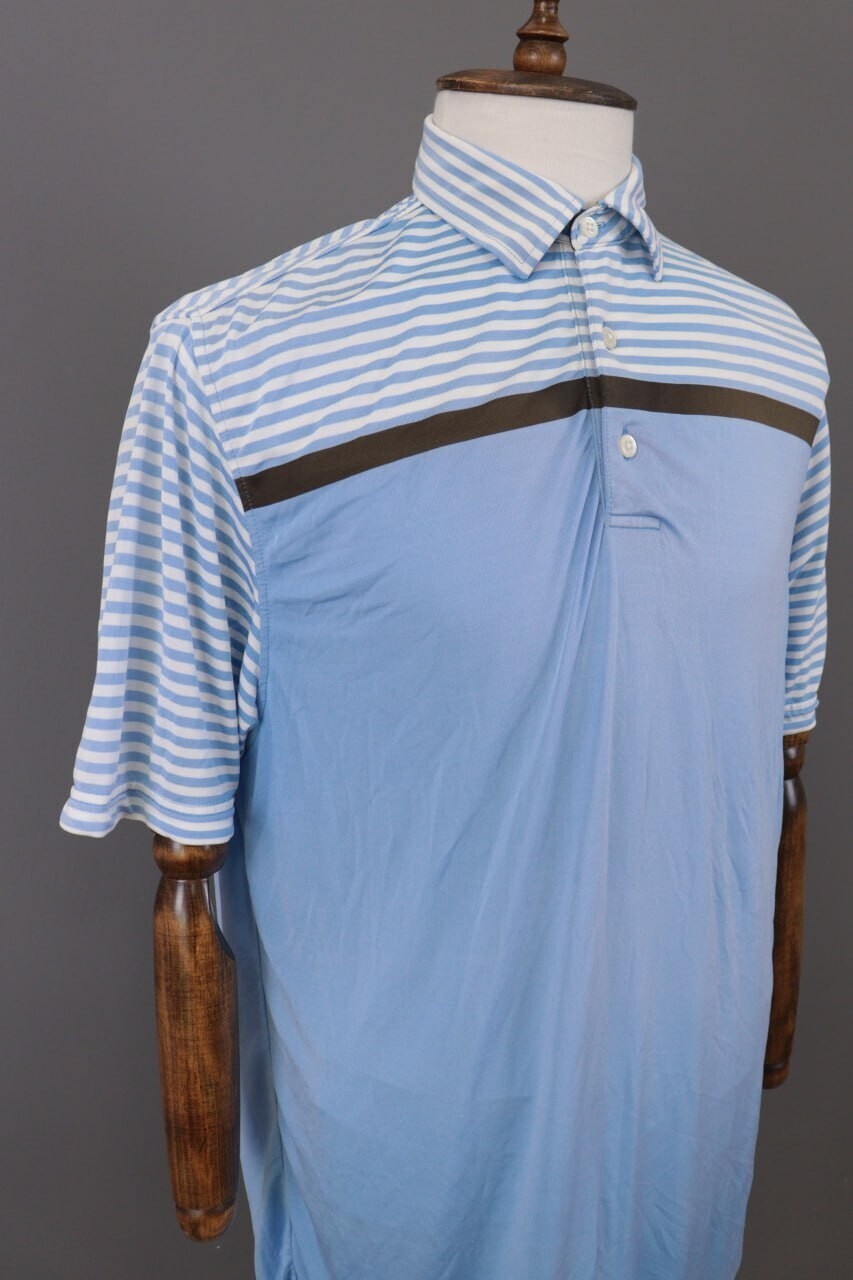 FJ FootJoy Athletic Fit Blue Striped Golf Short Sleeve Polo Shirt – Size L