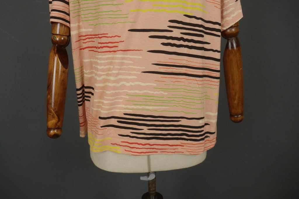 GUDRUN SJODEN Multi Striped Cotton Short Sleeve V-Neck Pullover Blouse Top Sz L