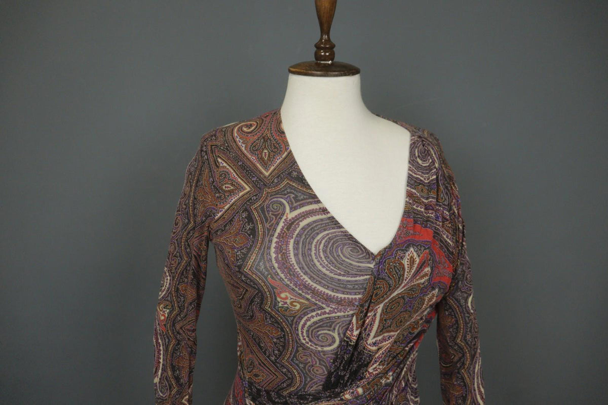 ETRO Milano Multicolor Paisley Classic Long Sleeve V-Neck Mini Dress – Size 42