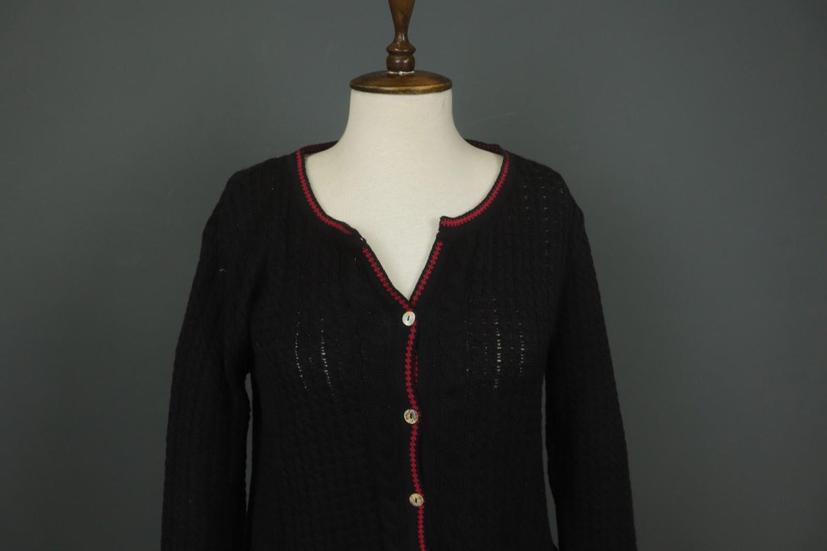 IVKO Black Viscose Open Knit Raglan Sleeve V-Neck Button Front Cardigan – Size 40