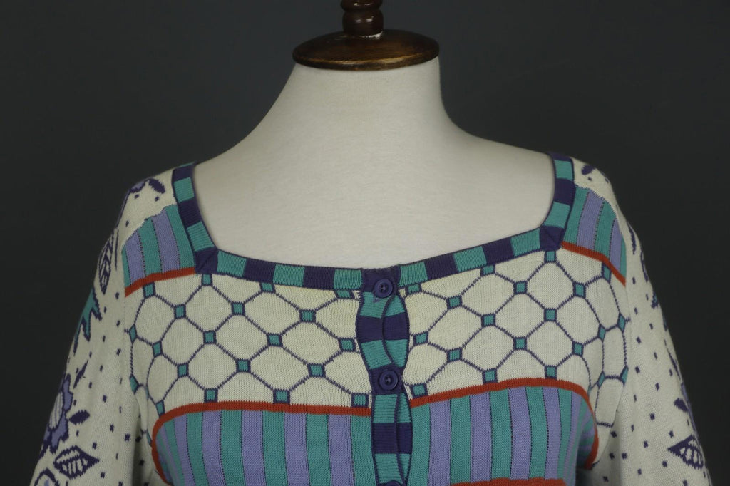 GUDRUN SJODEN Multi Geometric Cotton Knit Button Front Cardigan Sweater – Size S