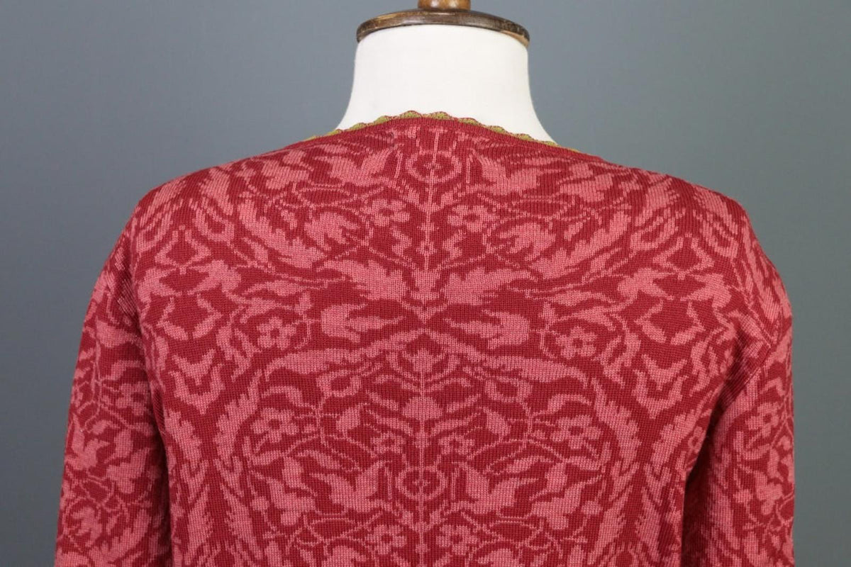 OLEANA Red Floral Round Neck Long Sleeve Button Front Cardigan Sweater S/M
