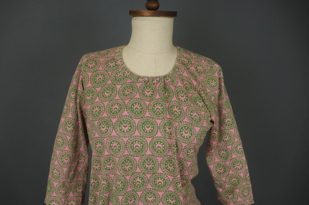 MARIMEKKO Pink Green Geometric Cotton Round Neck Long Sleeve Blouse Top – Size M