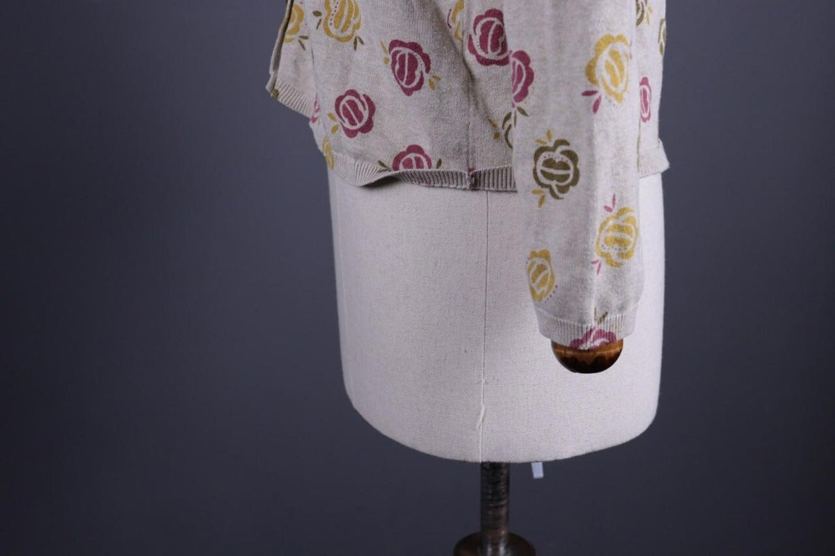 GUDRUN SJODEN Beige Floral Knit Cardigan Sweater – Size M