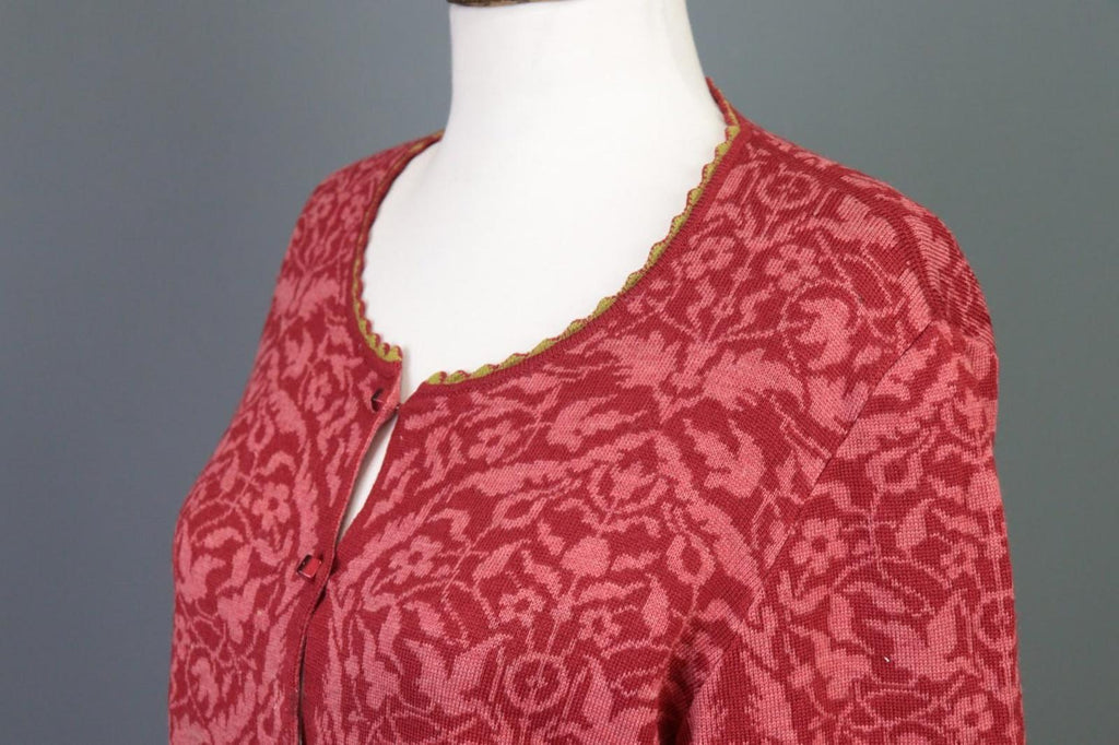OLEANA Red Floral Round Neck Long Sleeve Button Front Cardigan Sweater S/M