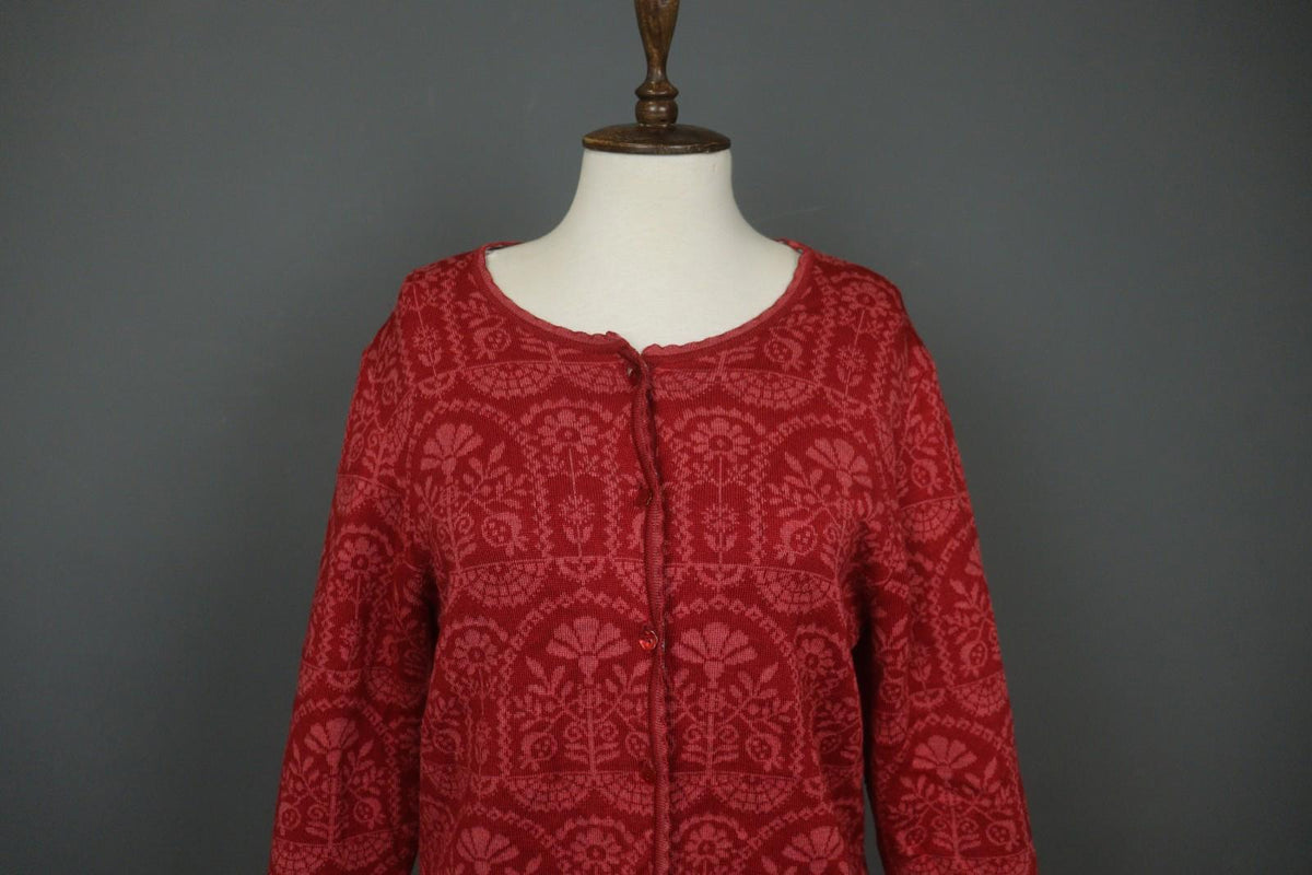 OLEANA Red Floral Wool Blend Long Sleeve Button Front Cardigan Sweater – Size M