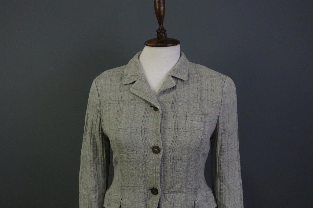 JIL SANDER Gray Plaid 100% Linen Three Button Blazer Jacket – Size 38