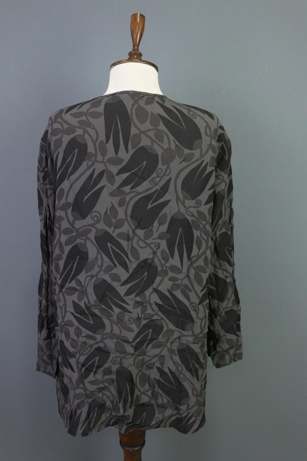 GUDRUN SJODEN Gray Black Leaf Print 100%Viscose Button Front Sheath Dress – Size L